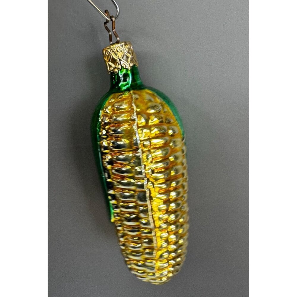 Inge Glass Style Blown Glass Corn Ornament Green & Gold 4" Vintage German - Picture 5 of 6